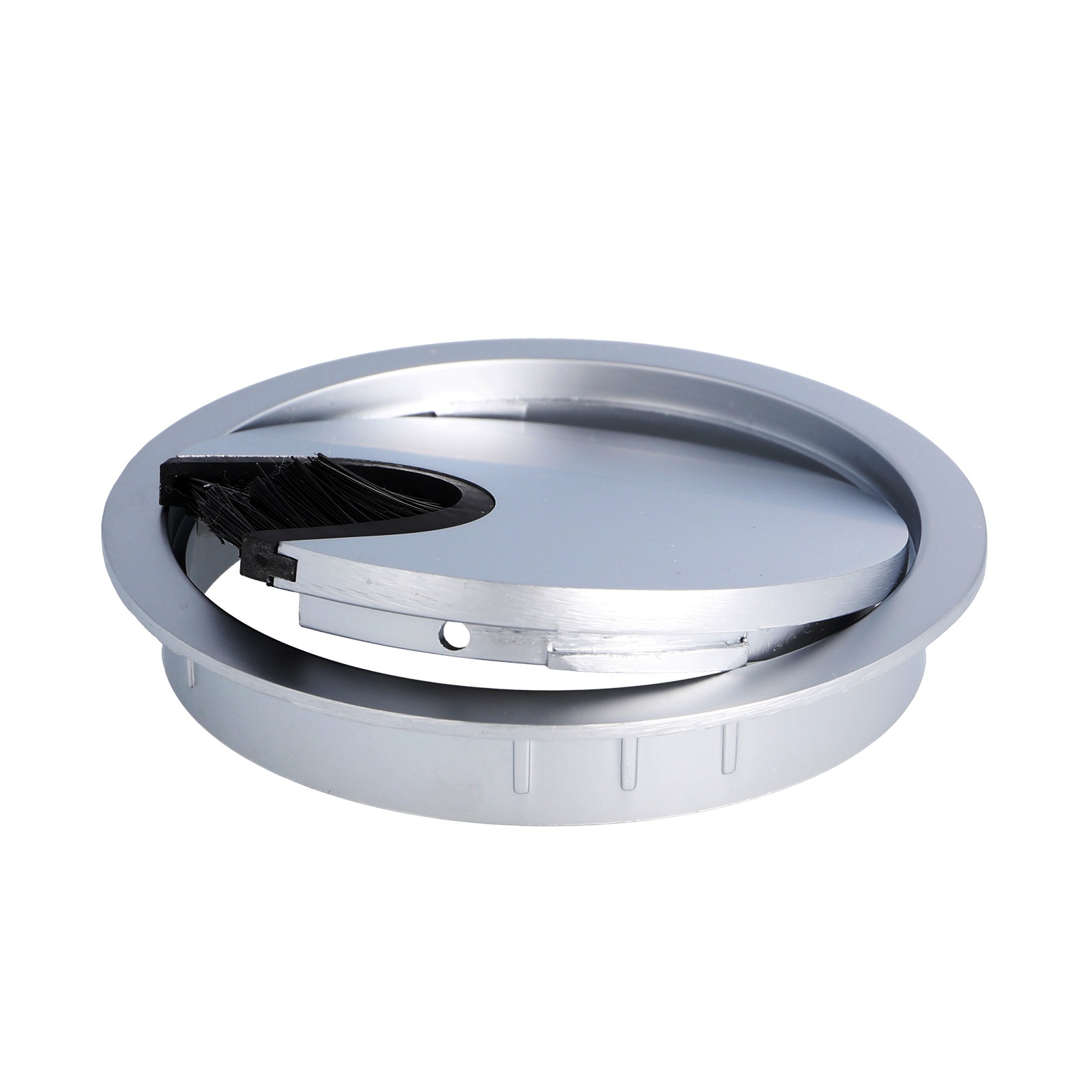 Passage de câbles massif de haute qualité en zamak, Ø80 mm pour bureau avec joint brosse, surface : aspect aluminium. Guide-câbles de table Passage de câbles de SISO / Danemark – Image 3