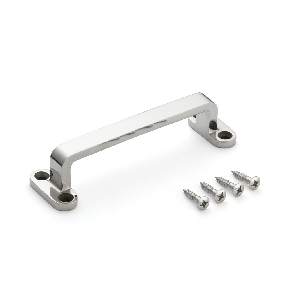 Poignée en acier inoxydable V2A (SUS304), 150 mm (6″) FT-150. Poignée en acier inoxydable massif de haute qualité en acier inoxydable V2A (SUS304), poli miroir avec quatre trous de montage, pour navires, bateaux, yachts, cuisines en acier inoxydable par Sugatsune / LAMP® (Japon)