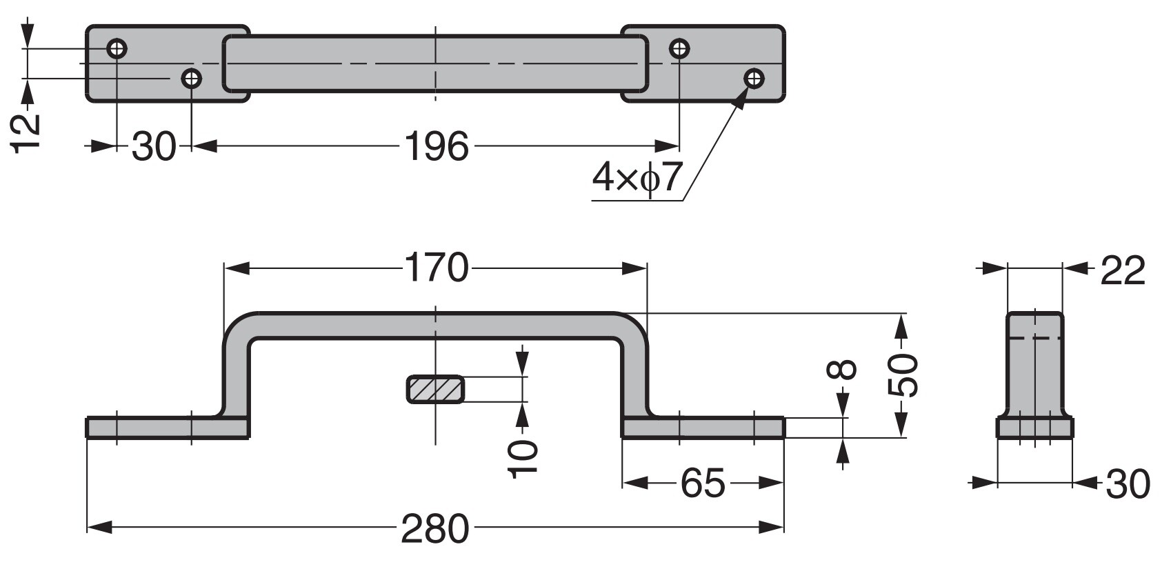 Poignée de meuble en acier inoxydable SUS316, 280 mm (11,1″) FT-S280. Poignée solide et stable en acier inoxydable V4A (SUS316) de qualité supérieure pour les installations de haute qualité, les espaces extérieurs, les environnements humides, rugueux et hautement corrosifs de Sugatsune / LAMP® (Japon) – Image 2