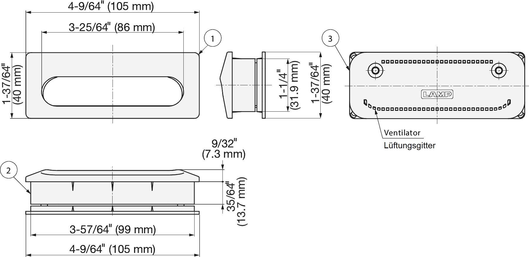 Coque Unique Ventilation Grip V2A (SUS304), Gris, 105mm (4-1/8) UTA-105GR. Coque de poignée de ventilation en acier inoxydable V2A (SUS304), mat satiné, pour tiroirs, armoires, environnements humides, livrée par Sugatsune / LAMP® (Japon) – Image 2