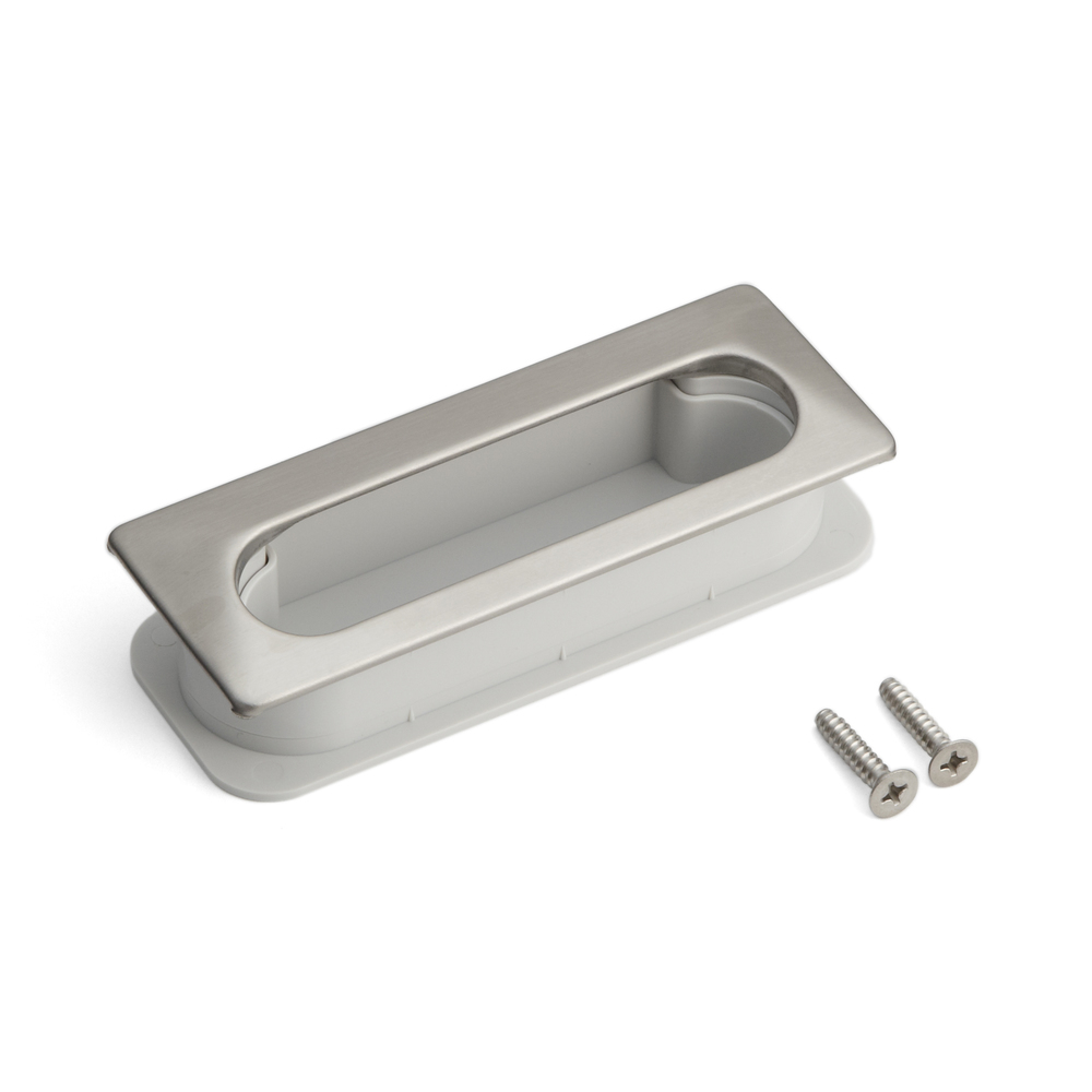 Coque Unique Ventilation Grip V2A (SUS304), Gris, 105mm (4-1/8) UTA-105GR. Coque de poignée de ventilation en acier inoxydable V2A (SUS304), mat satiné, pour tiroirs, armoires, environnements humides, livrée par Sugatsune / LAMP® (Japon)