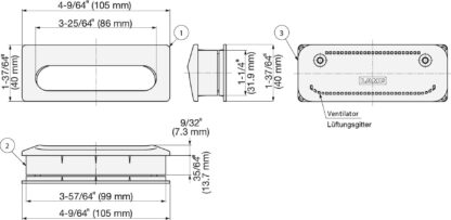 Coque de poignée de ventilation unique V2A (SUS304), noire, 105 mm (4,2″) UTA-105BL. Coque de poignée de ventilation en acier inoxydable V2A (SUS304), mat satiné, pour tiroirs, armoires, environnements humides, livrée par Sugatsune / LAMP® (Japon) – Image 2