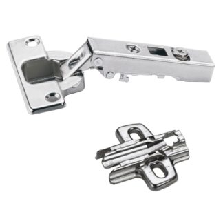 Charnière Hettich Intermat 110° 48049, modèle de perçage 52 x 5,5 mm avec plaque de montage en forme de croix. Charnière de meuble Intermat 9943, disponible pour porte standard (porte en bois), porte avec cadre en bois, porte avec cadre en aluminium, à vi