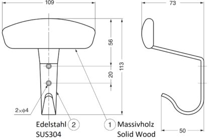 Patère de haute qualité avec pointe de crochet en bois massif, pour montage mural, en acier inoxydable massif, capacité de charge : 10 kg, SW-B-180. Crochets en bois massif pour armoire, entrée, salon et bien plus encore, par Sugatsune / LAMP® (Japon) – Image 2