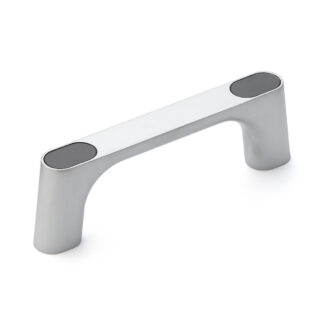 Poignée en alliage de zinc solide (ZDC) de haute qualité, chromée, satiné mat avec capuchons gris, 125 mm (5 ») KMH-100-GR. Poignée de machine KMH-100-GR pour armoire industrielle, usine de production, construction mécanique, par Sugatsune / LAMP® (J