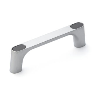 Poignée en alliage de zinc solide (ZDC) de haute qualité, chromée, satiné mat avec capuchons gris, 145 mm (5,8 ») KMH-120-GR. Poignée de machine KMH-120-GR pour armoire industrielle, usine de production, construction mécanique, par Sugatsune / LAMP® 