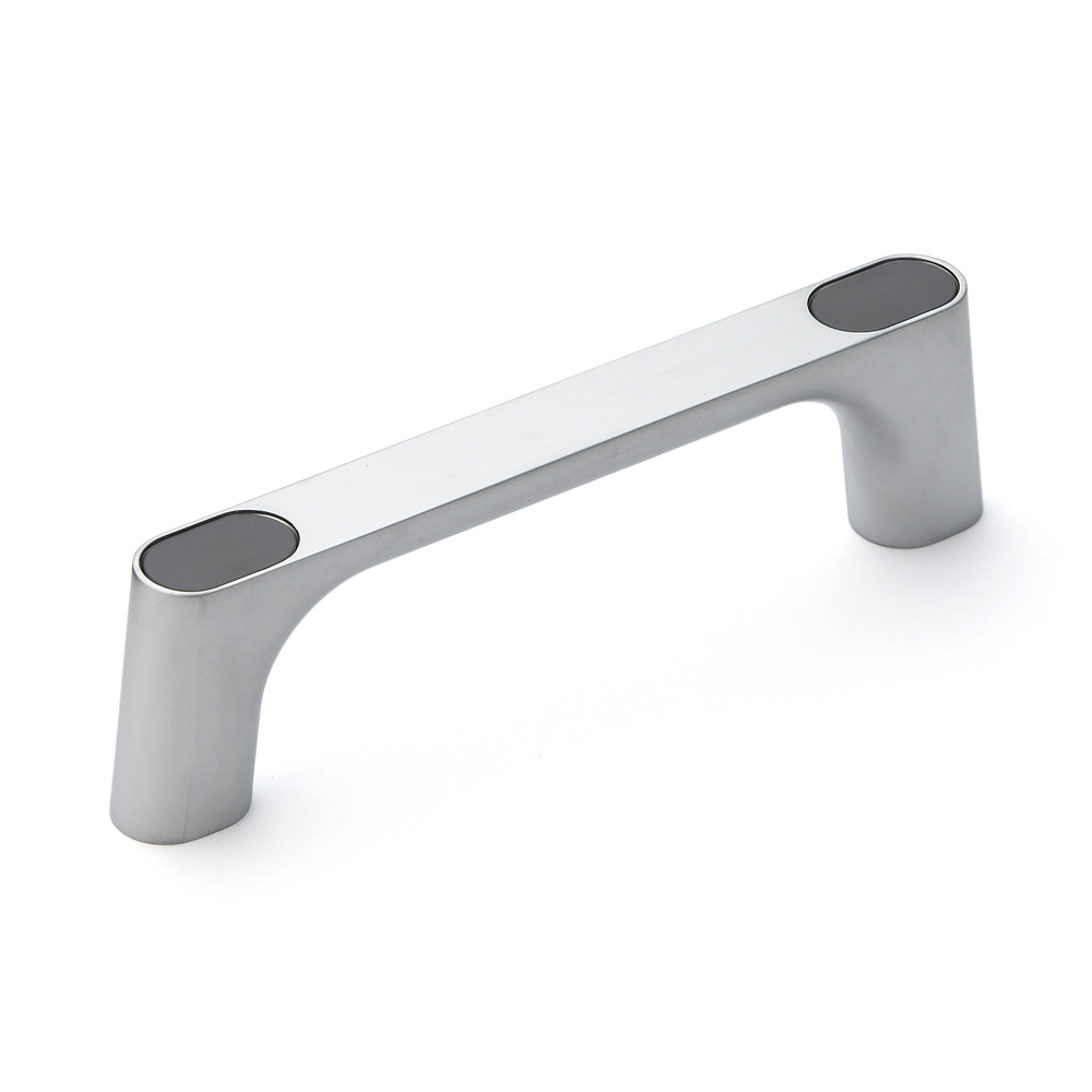 Poignée en alliage de zinc solide (ZDC) de haute qualité, chromée, satiné mat avec capuchons gris, 145 mm (5,8 ») KMH-120-GR. Poignée de machine KMH-120-GR pour armoire industrielle, usine de production, construction mécanique, par Sugatsune / LAMP®