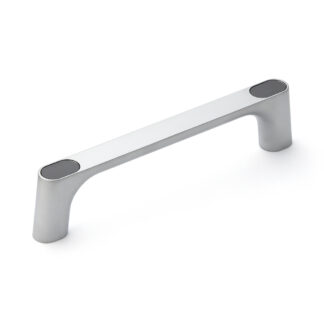 Poignée en alliage de zinc solide (ZDC) de haute qualité, chromée, satiné mat avec capuchons gris, 175 mm (6,9 ») KMH-150-GR. Poignée de machine KMH-150-GR pour armoire industrielle, usine de production, construction mécanique, par Sugatsune / LAMP®