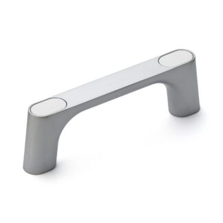 Poignée en alliage de zinc solide (ZDC) de haute qualité, chromée, satiné mat avec capuchons blancs, 125 mm (5 ») KMH-100-WT. Poignée de machine KMH-100-WT pour armoire industrielle, usine de production, construction mécanique, par Sugatsune / LAMP®