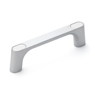 Poignée en alliage de zinc solide (ZDC) de haute qualité, chromée, satiné mat avec capuchons blancs, 145 mm (5,8 ») KMH-120-WT. Poignée de machine KMH-120-WT pour armoire industrielle, usine de production, construction mécanique, par Sugatsune / LAMP