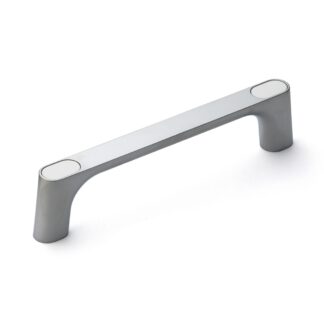 Poignée en alliage de zinc solide (ZDC) de haute qualité, chromée, satiné mat avec capuchons blancs, KMH-150-WT de 175 mm (6,9 »). Poignée de machine KMH-150-WT pour armoire industrielle, usine de production, construction mécanique, par Sugatsune / L