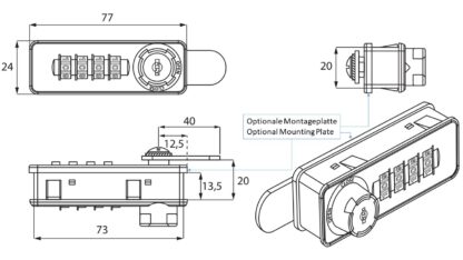 Serrure à combinaison de meubles en métal et en plastique avec fonction poignée, GAUCHE, 77 mm (3.1 ») 14.08.241. Serrure à combinaison de meubles robustes en métal et en plastique, noir mat, pour armoire en bois, armoire en acier, tiroir, casier, pa – Image 3