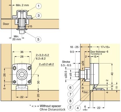 Fermeture à bouton-poussoir pour portes de meubles épaisses de 22 à 25 mm, surface : marron, SL-B251-BR. Poussoir pour la conversion de camping-car, l’intérieur d’un yacht, le mobilier de caravane et bien plus encore, par Sugatsune / LAMP® (Japon) – Image 2