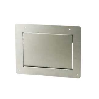Trappe d’évacuation rectangulaire de haute qualité pour montage vertical, avec fermeture amortie, en acier inoxydable, design : montage intérieur, AZ-GD231-HL. Trappe à déchets en acier inoxydable, pour la gastronomie et bien plus encore, par Sugatsune / 