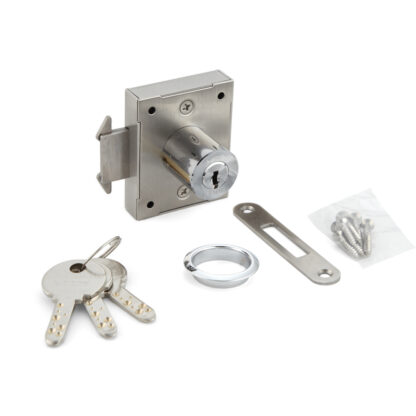 Serrure pour porte coulissante, en acier inoxydable SUS304, surface : chromée, version : multi-clés, 7810K-24-CR-L-B. Serrure de volet roulant pour porte coulissante et bien plus encore, par Sugatsune / LAMP® (Japon)