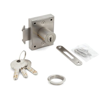 Serrure de porte coulissante, en acier inoxydable SUS304, surface : nickelée, satinée mate, version : à clé identique, 7810K-24-SNI-L-D. Serrure de volet roulant pour porte coulissante et bien plus encore, par Sugatsune / LAMP® (Japon)