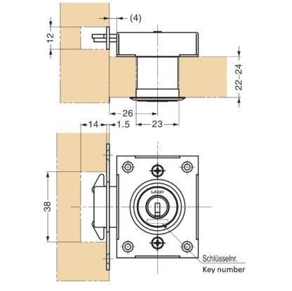 Serrure de porte coulissante, en acier inoxydable SUS304, surface : nickelée, satinée mate, version : à clé identique, 7810K-24-SNI-L-D. Serrure de volet roulant pour porte coulissante et bien plus encore, par Sugatsune / LAMP® (Japon) – Image 3