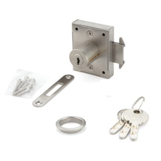 Serrure de porte coulissante, en acier inoxydable SUS304, surface : nickelée, satinée mate, version : à clé identique, 7810K-24-SNI-R-D. Serrure de volet roulant pour porte coulissante et bien plus encore, par Sugatsune / LAMP® (Japon)
