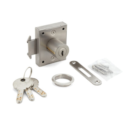 Serrure de porte coulissante, en acier inoxydable SUS304, surface : nickelée, satinée mate, finition : multi-clés, 7810K-24-SNI-L-B. Serrure de volet roulant pour porte coulissante et bien plus encore, par Sugatsune / LAMP® (Japon)