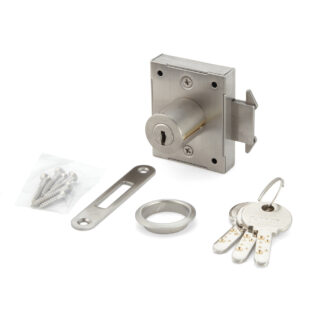 Serrure de porte coulissante, en acier inoxydable SUS304, surface : nickelée, satinée mate, finition : à clé différente, 7810K-24-SNI-R-B. Serrure de volet roulant pour porte coulissante et bien plus encore, par Sugatsune / LAMP® (Japon)