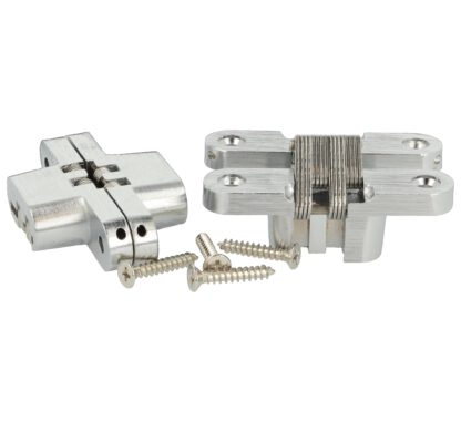 2 charnières croisées invisibles de haute qualité 70 x 16mm en zamak, look inox, incl. vis. Bande de meuble invisible de UMAXO®, pliable à 180°. Charnière de meuble cachée (vici hinge) à encastrer – Image 2