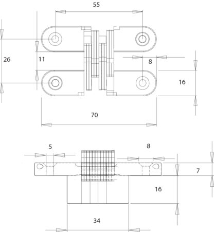 2 charnières croisées invisibles de haute qualité 70 x 16mm en zamak, look inox, incl. vis. Bande de meuble invisible de UMAXO®, pliable à 180°. Charnière de meuble cachée (vici hinge) à encastrer – Image 4