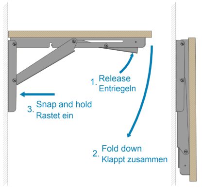 2 supports de table pliants pour charges lourdes EB-303 de haute qualité en acier inoxydable. Une paire de consoles pliantes jusqu'à 150kg de charge. Supports de volets de ROCA / Sugatsune – Image 3