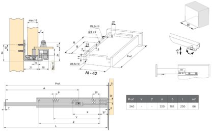 Glissières sous le plancher, capacité de charge : 25 kg (56 lbs), 250 mm (9-27/32"), version : extension partielle avec push-to-open, 3123005. Coulissants sous le plancher de haute qualité pour tiroirs en bois, tiroirs en bois, étagères en bois et bien plus encore, d’EMUCA – Image 2