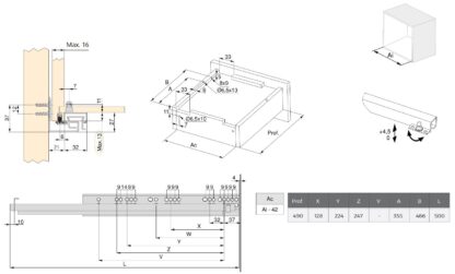 Glissières sous le plancher, capacité de charge : 30 kg (67 lb), 500 mm (19-11/16"), version : rallonge complète avec fermeture amortie, 3124505. Coulissants sous le plancher de haute qualité pour tiroirs en bois, tiroirs en bois, étagères en bois et bien plus encore, d’EMUCA – Image 2