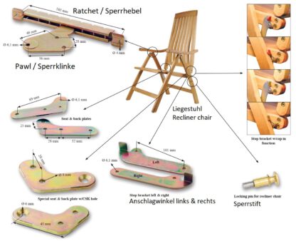2 pièces de cliquet résistant aux intempéries, en acier robuste, surface : galvanisé, jaune, 04.05.015-2 (04.05.015). Levier de poignée pour chaise longue de jardin, chaise longue, chaise longue, mobilier d’extérieur, meubles de jardin, meubles de ja – Image 7
